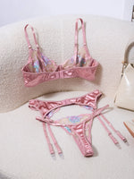 French Romantic Pink Satin Embroidered Lingerie Set Bra + Thong + Stockings Three-Piece Set
