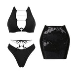 Chic Bandage Bikini With Shiny Short Skirt Women 3Pcs Swimsuit Sexy Cut Out Biquini Lady Swimwear Bathing Suit Female Beachwear