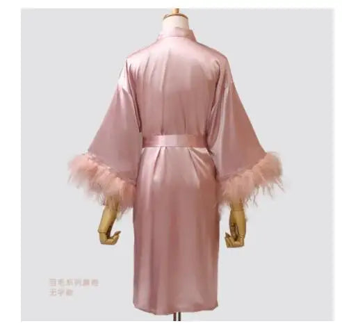 Women FEATHER Bride Bridesmaid Wedding Robe Satin Kimono Bathrobe Gown Nightwear Embroidery Letter Nightgown V-Neck Lingerie