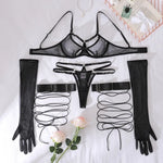 Toucheart Sexy Mesh Lingerie Split Kit with Gloves Steel Ring Laceup Patchwork Skinny See-through Hollow Interesting Private Set