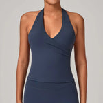 STOUREG Women's V-neck Halter Yoga Top with Cross-over Gathered Straps and Built-in Bra, Made of Ultra-soft Butter Fabric