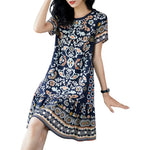 Summer Women Dress Half Sleeves Round Neck Retro Print A-line Big Hem Knee Length Loose Casual Daily Wear Vacation Midi Dress