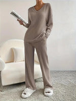 Autumn and Winter Casual V-neck Pocket Striped Knited Tops and Long Trousers Two-piece Sets, Women's Pajamas Set Sleepwear