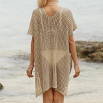 Short Sleeve V Neck Hollow Out Crochet Knitted Tunic Beach Dress Beach Wear Beachwear Beach Cover Up Cover-upsFemale Women V8061