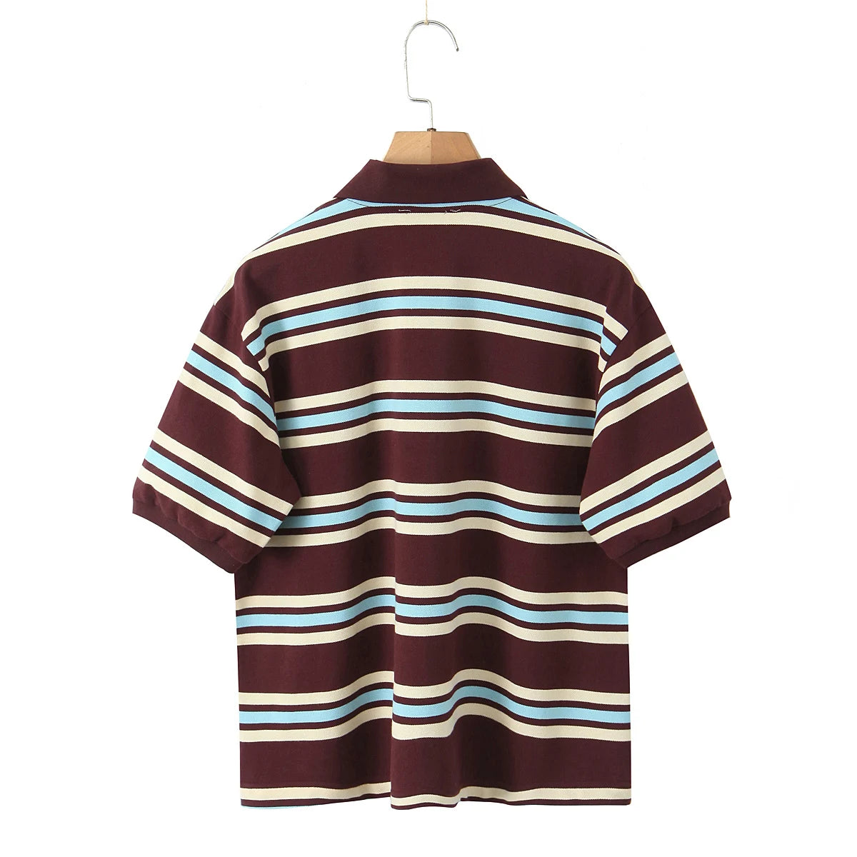 Foridol Burgundy Striped Casual Women T-shirt Summer Loose Polo Shirts Buttons New Female Tops Blouse White Tops Spring Shirt