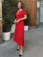 Foridol Red Knitted Polo Dress Autumn Winter Women Dress Casual Elegant Maxi A-line Hollow OutDress Slim Christmas Party