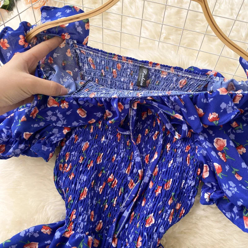 2025 Summer French Vintage Floral Dress Fashion Elegant High-Waisted Drawstring Vestidos Printed Fresh And Sweet Long Dresses