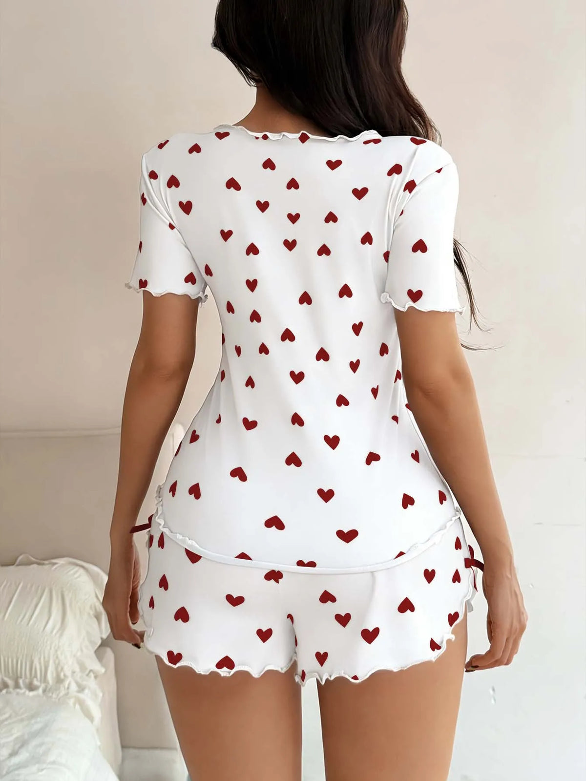 Women's Sleepwear Pajama Set Top and Shorts 2-piece Pajama Set Love Printed Lapel Bow Women's Loungewear