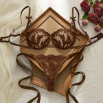 Lady Floral Embroidery Lingerie Set Women Sheer Bra and Brief Underwear Set Satin Sexy Intimates Underwear