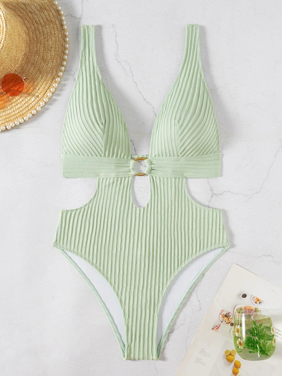 Deep V Neck Cut Out Women Swimwear One Piece Swimsuit Female High Leg Cut Monokini Bather Backless Bathing Suit Swim Beachwear