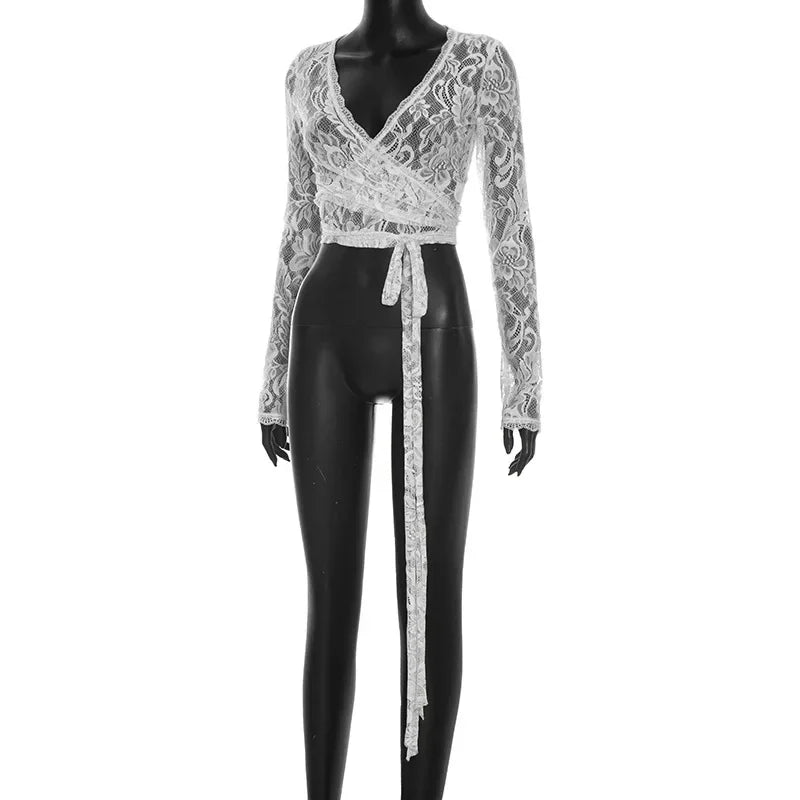 FDYOUI Women's V-neck Long Sleeve Lace T-shirt 2026 Ladies Chic Bandage Lace Tee Shirts Pink Streetwear Girls Slim Crop Tops