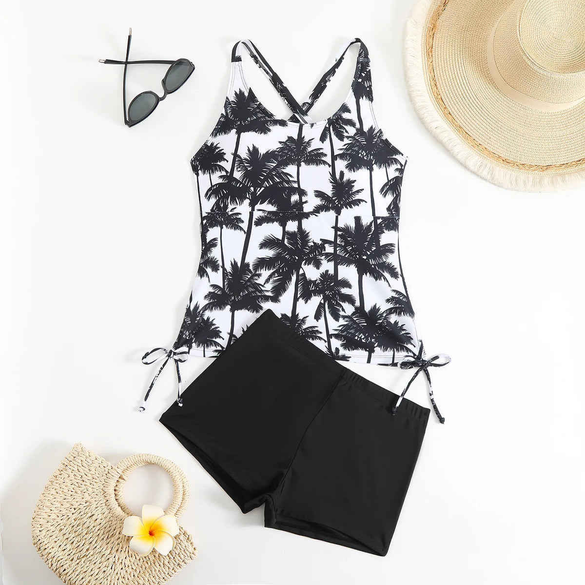 High Waist Swimwear Women 2025 New Two Pieces Swimsuit with Shorts Coconut Palm Print Tankini Set Summer Bathing Suit Trunks