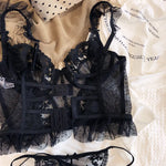 French Sexy Lingerie Set Women Ultra Thin See Through Embroidery Lace Bra & Thong Push Up Underwear Shaping Camisole Set MOYISU