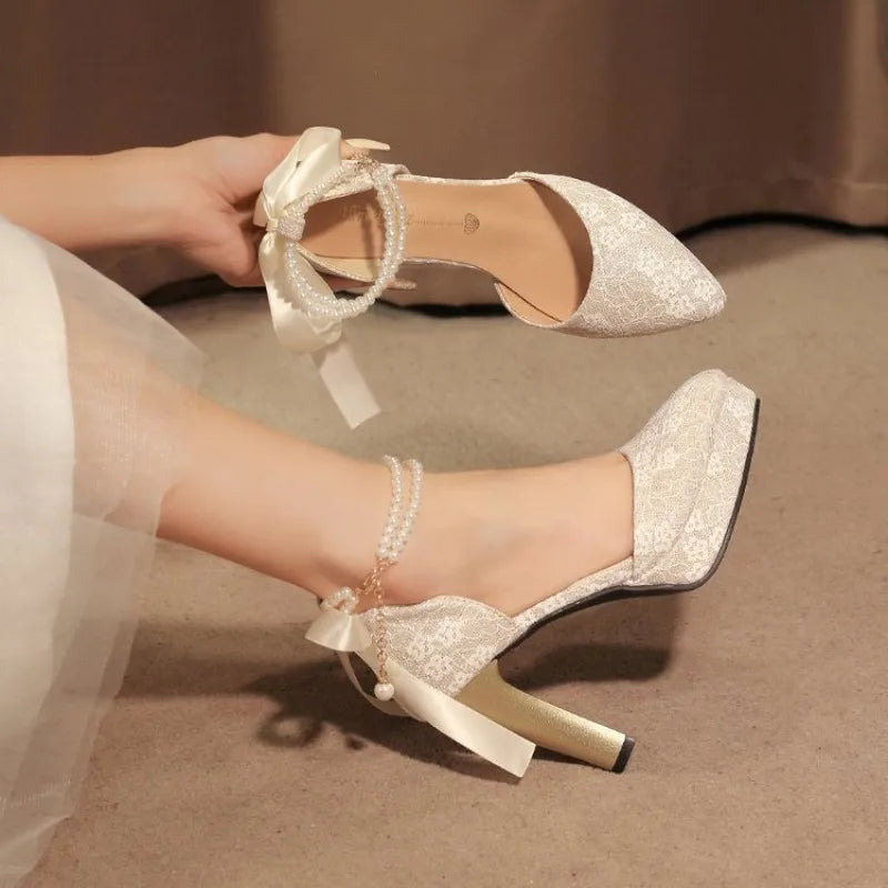 Ladies Shoes 2026 New Ankle Strap Women's High Heels Sandals Thick Heel Pumps Women Fashion String Bead Buckle Wedding Shoes