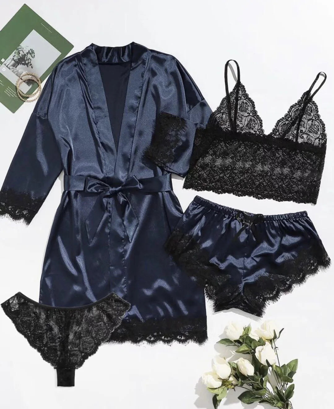 2025 New Women's Pajama Fashion 4-Piece Set Lace Satin Strap Sexy Pajama Set Dress Skin Friendly Comfortable Casual Pajama Skirt