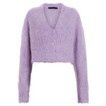 Fall Winter Women Button Down Cropped Knit Cardigan Solid Color Knitwear Fuzzy Long Sleeve V-Neck Loose Sweater