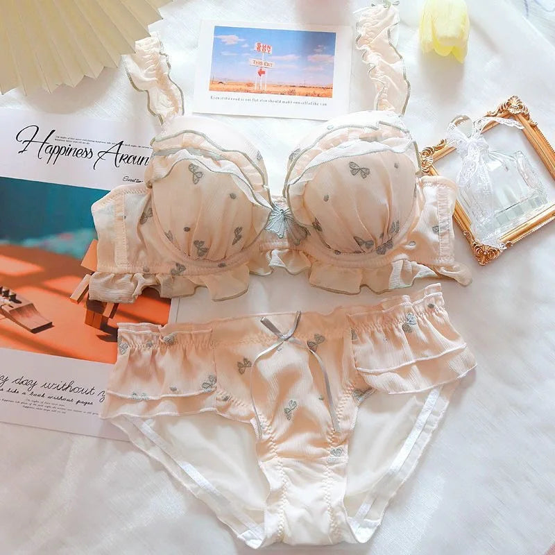 Japan Style Embroidered Mesh Bralette Wireless Breathable Comfort Sweet Cute Lingerie Set Pure Sensual Ruffle Edge Small Chest