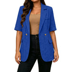 Women Textured Blazer Jacket Lapel Collar Double Breasted Half Sleeve Pocket Loose Suit Coat Elegant Office Summer Outerwear