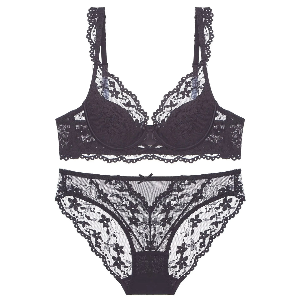 New Women Lace Flowers Embroidery Lingerie Set Sexy Hollow Thin Cup Push Up Bra Summer Comfort Underwear Adjustable Strap Bras