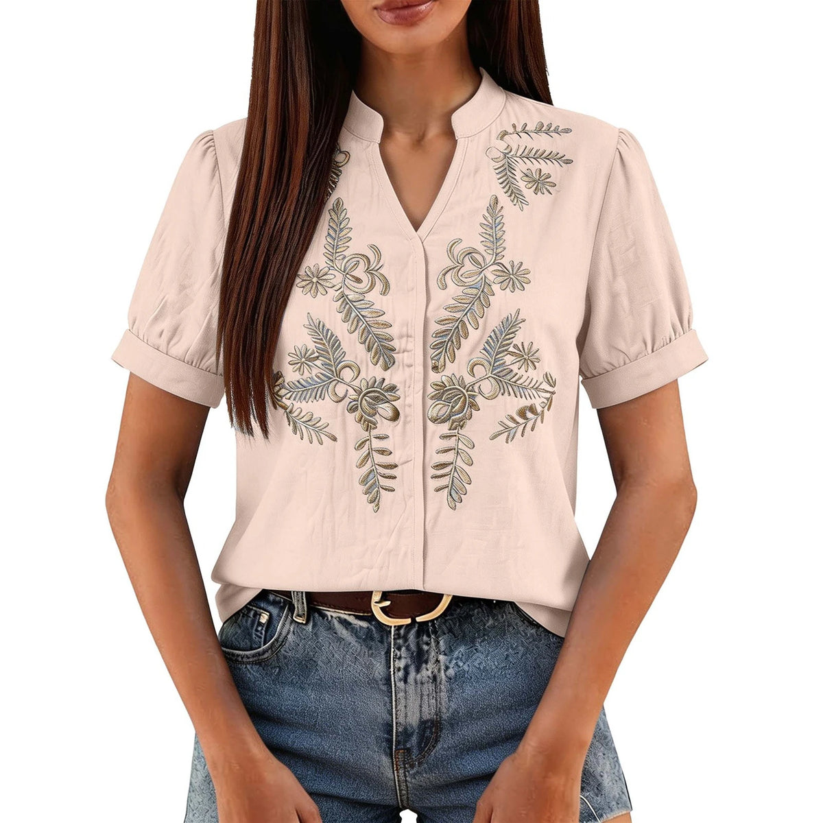 Women Floral Embroidery Puff Short Sleeve T Shirt Stand Collar V Neck Button Down Loose Solid Tees Summer Boho Casual Office Top