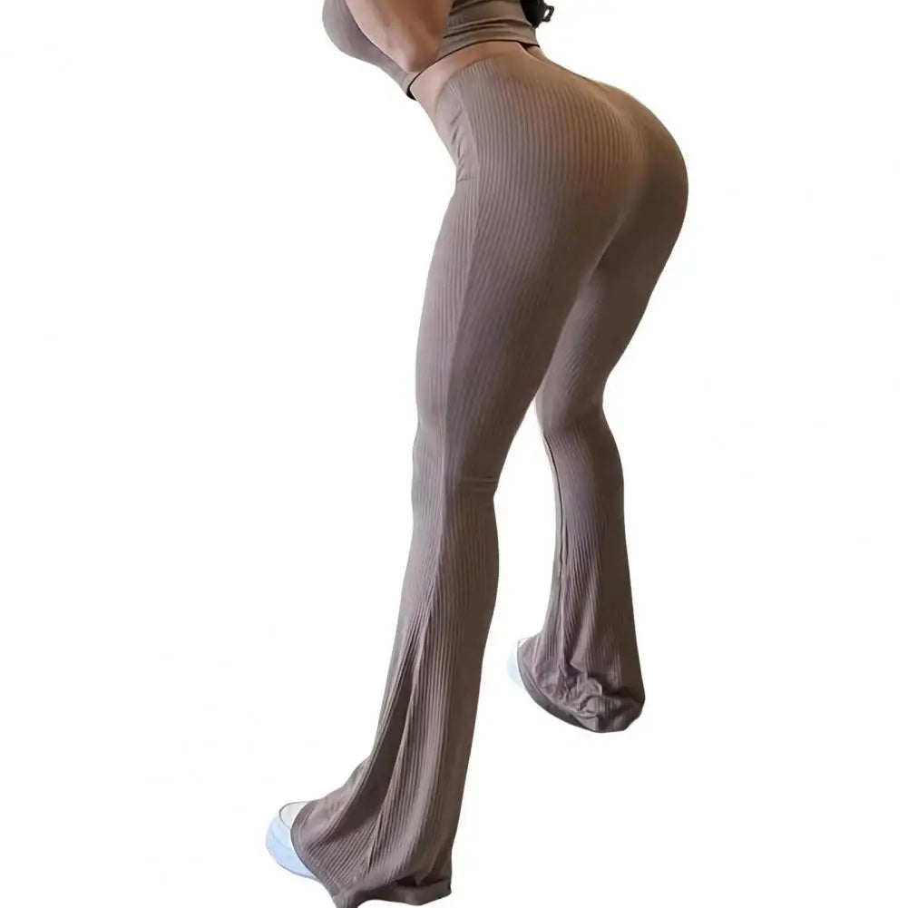 Women Flared Pants Yoga Running Cycling Trousers Elastic High Waist Solid Color Long Pants Ribbed Texture