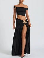 Summer Skirt Set Women Metal Flower Sexy Off Shoulder Slim Crop Top High Slit Skirt Sets Fashion Backless Pleated 2 Piece Suits