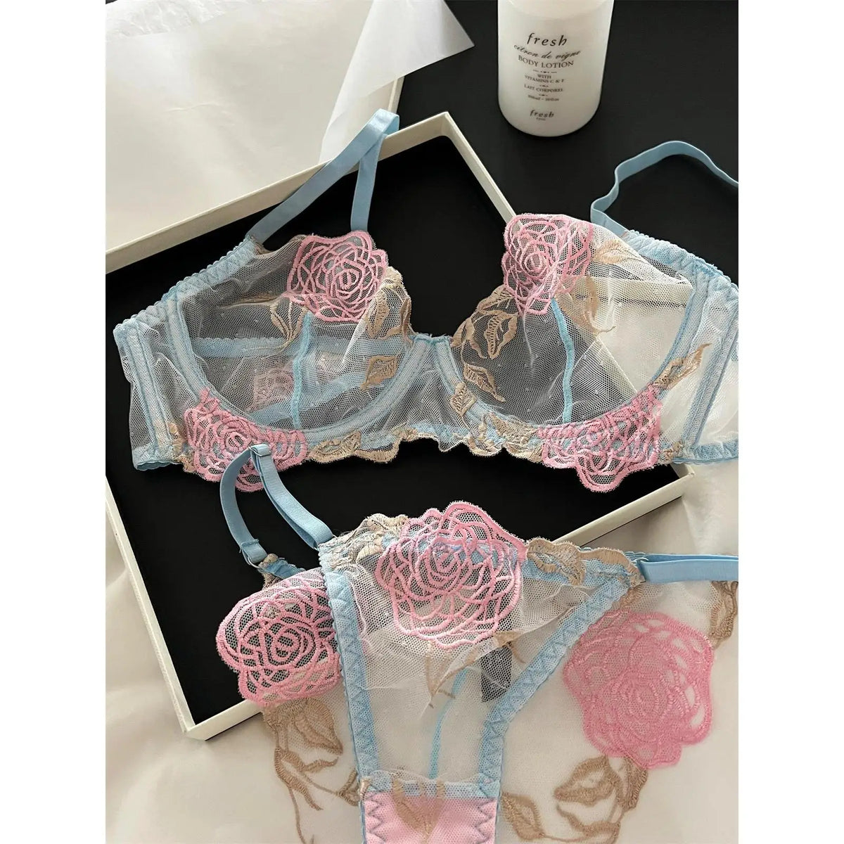 Pure Desire French Lace Bra Set Rose Embroidery Minimizer Wireless Comfort Support Full Bust Anti Sagging Breathable No Show USA