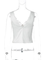 FDYOUI Women Lace Patchwork Backless Camisoles Tank Top 2026 Spring Summer Sexy V-neck Slim Crop Tops White Black Y2K Streetwear