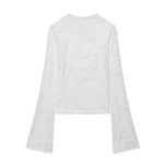 Women's Fashion Casual Lace Patchwork Hollow Bell Sleeve Blouse Women Pack Lace Sleeve Tops Black White Sheer Mesh Casual DOS5