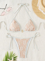 Embroidery Mesh Lace Halter High Cut Bikini Female Swimsuit Women Swimwear Two-pieces Bikini Set Bather Bathing Suit Swim Beach