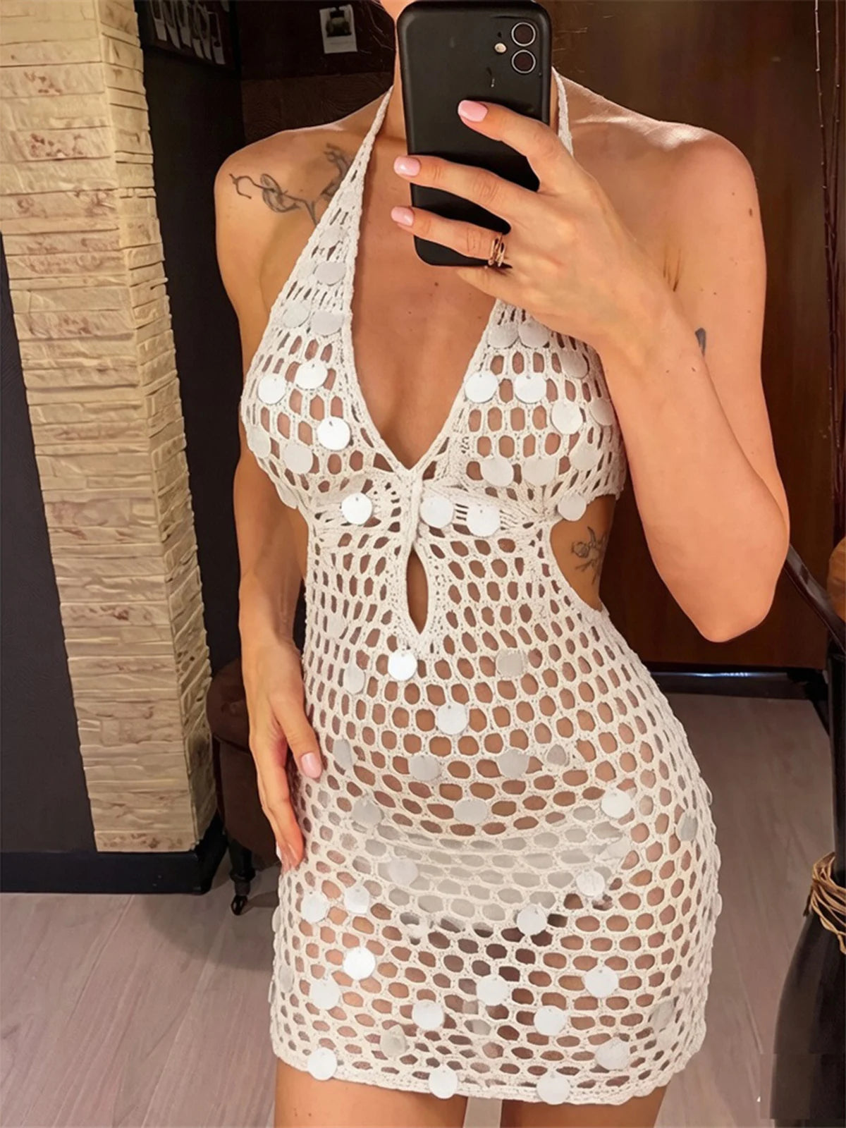 Halter Backless Hollow Out Crochet Knitted Tunic Beach Cover Up Cover-ups Beach Dress Beach Wear Beachwear Female Women V8336
