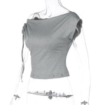 FDYOUI Women's Diagonal Collar Gray T-shirts Y2K Female Off Shoulder Lace-up Holes Cropped Tops Casual Black T Shirt Streetwear