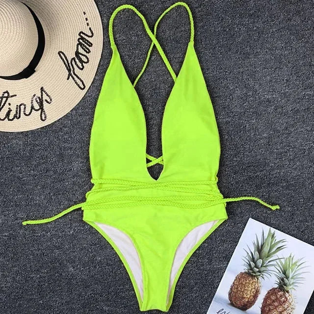 New 2025 Sexy Deep V Neck Wrap Around Female Swimwear One Piece Swimsuit Women Backless Monokini High Cut Bathing Suit Swim Lady