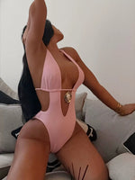 DEKA Pink V Neck One Piece Swimsuit Women Swimwear Cut Out Bodysuit Monokini High Leg Swim Suit Cutout Bathing Suit Beachwear