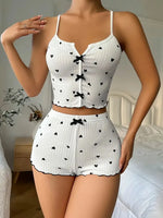 Heart Print Pajama Set for Women Sleepwear Soft Ribbed Fabric Casual Cami Tops and Shorts Pijamas Sets Loungewear
