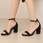 Beige Suede Ankle Strap Block Heel Sandals for Women, Round Open Toe with Rhinestone Accent, Multiple Colors Available