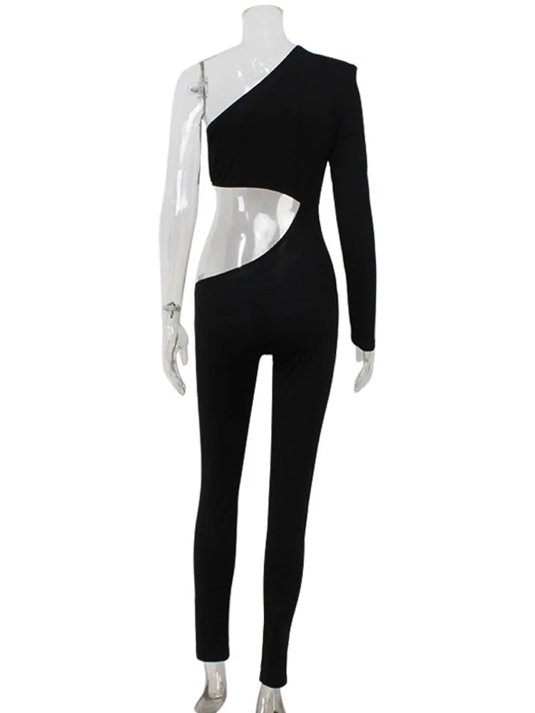 Ahagaga Sexy Club Women's Jumpsuits Single Sleeves Solid Skinny Hollow Out Long Pancil Pants Streetwear Causal Female Rompers