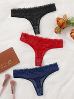 Sexy And Charming Women's Underwear Ultra-Thin Full Lace Thong 3 Pcs black blue And Red Can Be Paired With ALingerie 363-3