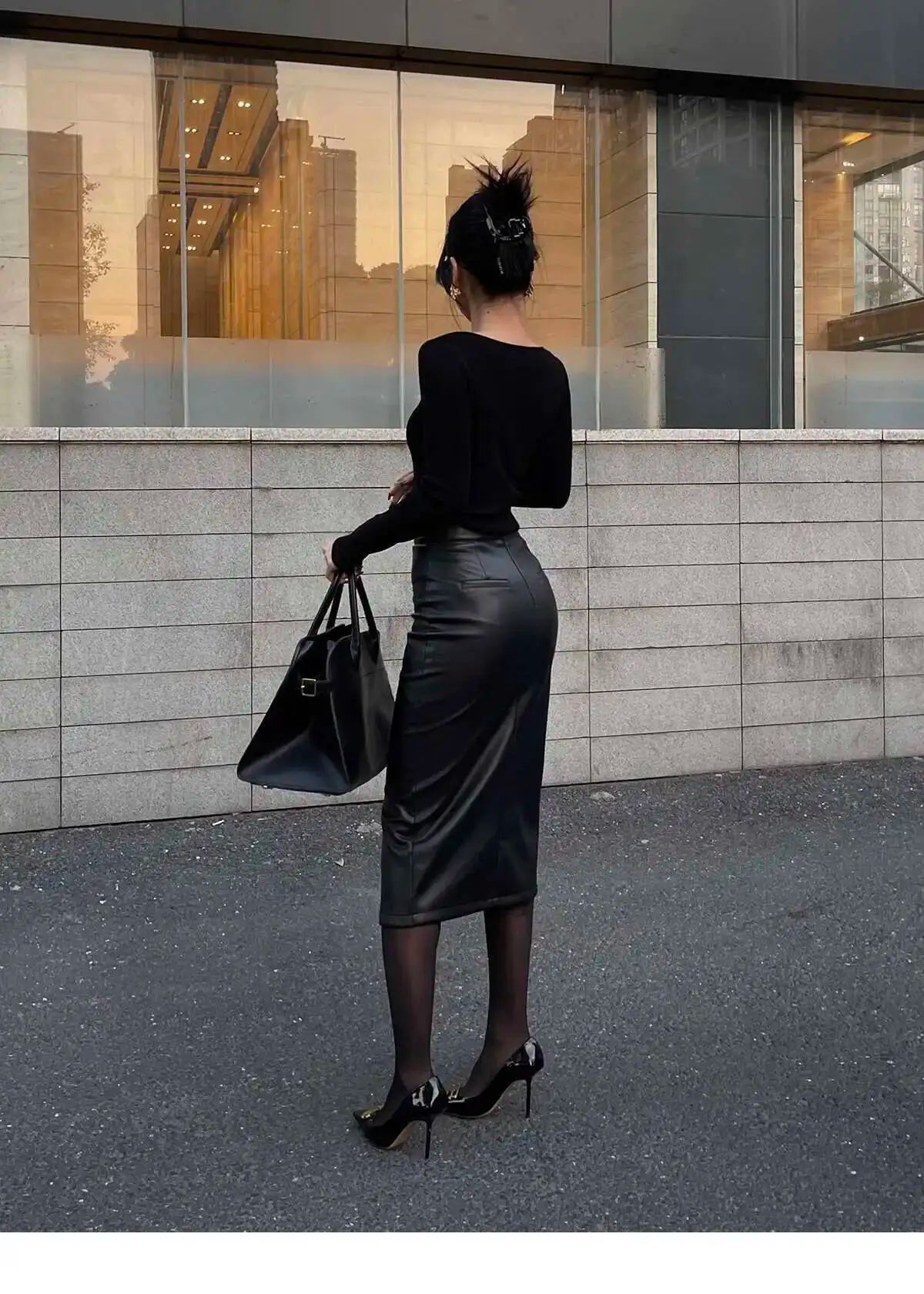 Sexy One Step Split PU Leather Half Skirt For Women's New High Waisted Slim Streetwear Black PU Fashion Womne Mini DressYTM8