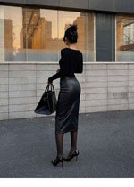 Sexy One Step Split PU Leather Half Skirt For Women's New High Waisted Slim Streetwear Black PU Fashion Womne Mini DressYTM8