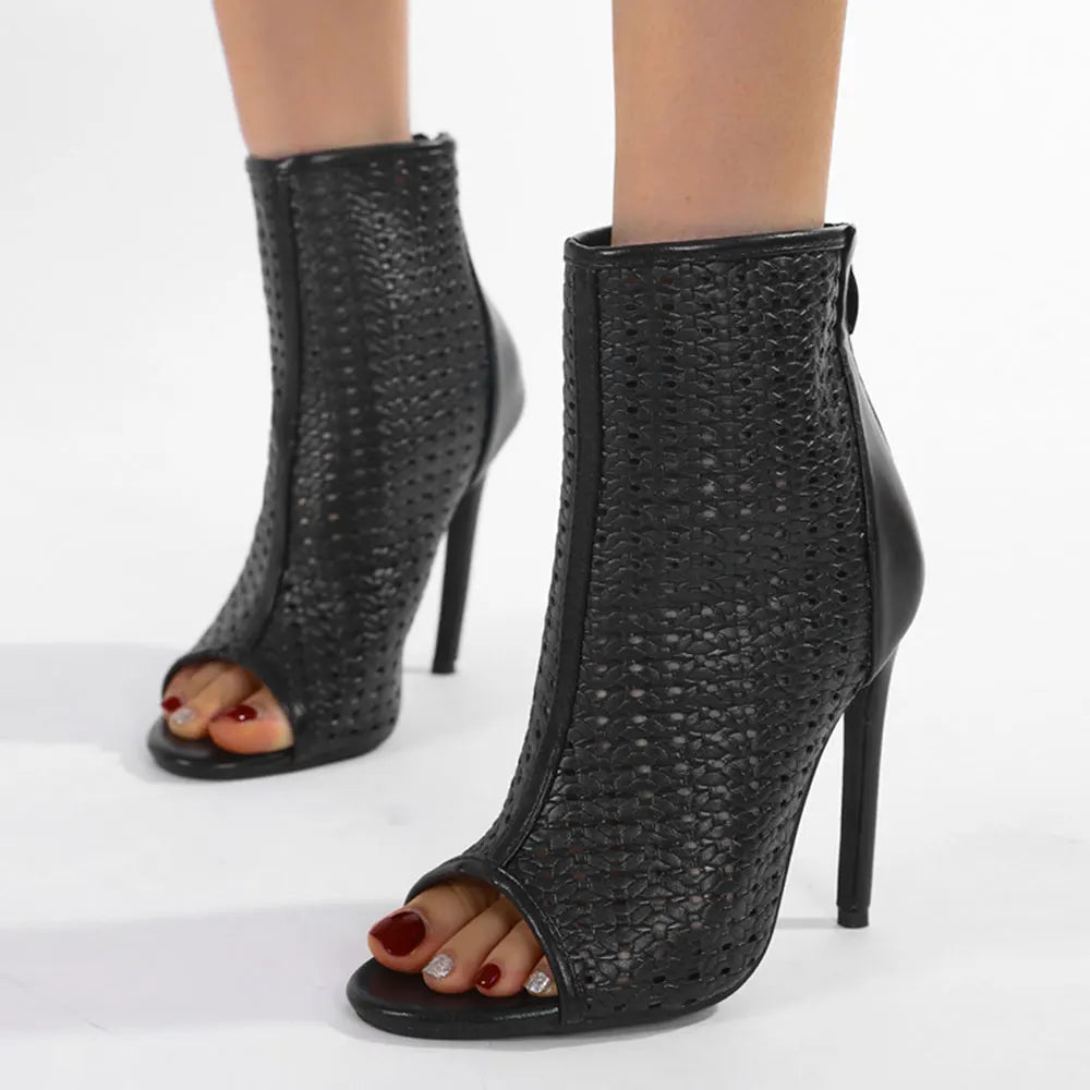 Big Size 42 Sexy Black Hollow Out Summer Boots Women Chic Peep Toe Thin High Heels Zip-up Ankle Boots Party Shoes