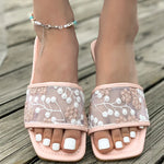 Retro Embroider Low Heel Slippers Women Summer Square Toe Slip On Slides Woman New Anti-Slip Beach Pu Leather Slippers Mujer