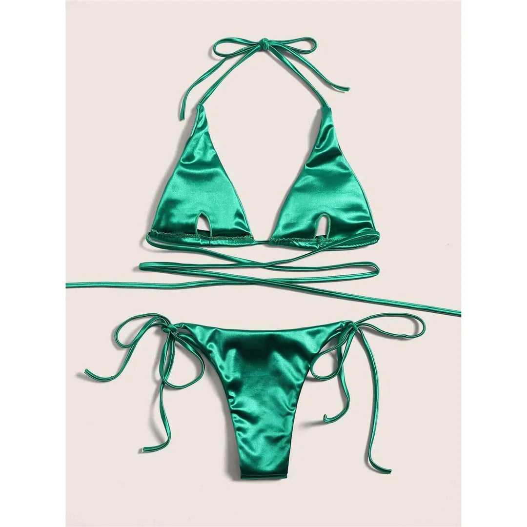Sexy 13 Colors Halter Satin Brazilian Bikini Women Swimwear Female Swimsuit Two-pieces Bikini set Bather Bathing Suit Swim V4966