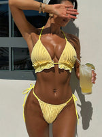 DEKA New Yellow Swimwear Mini Brazilian Ruffled Bikini Set Sexy Laced Up Backless Bikini Women Solid Split Waist Beach Vacation