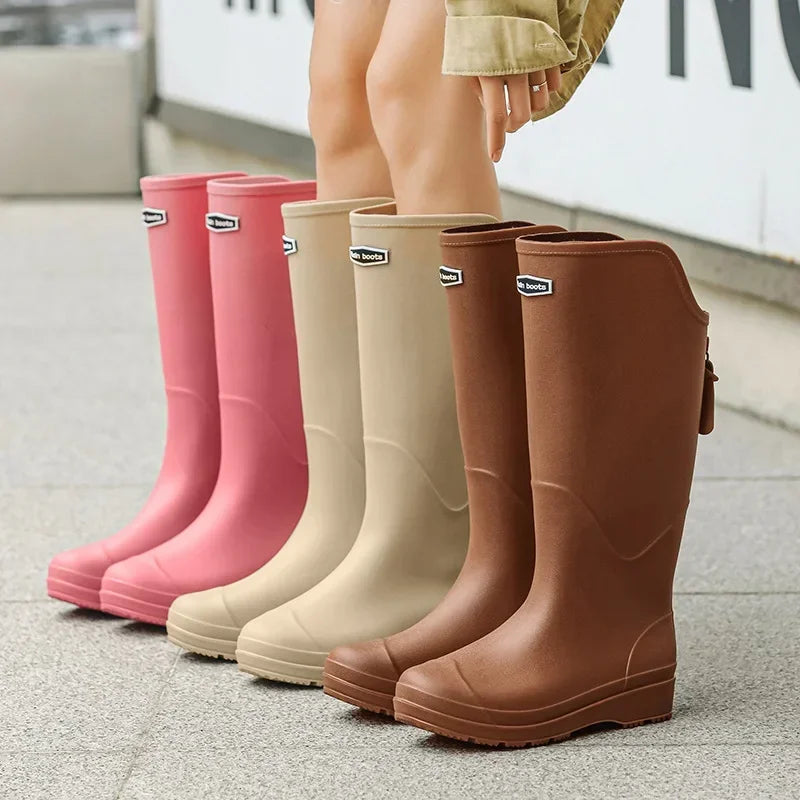 Women's Rain Boots Anti Slip Thick Soles Outdoor Long Tube Rain Boots Waterproof Fashion Wear-resistant Kitchen Women's Boots