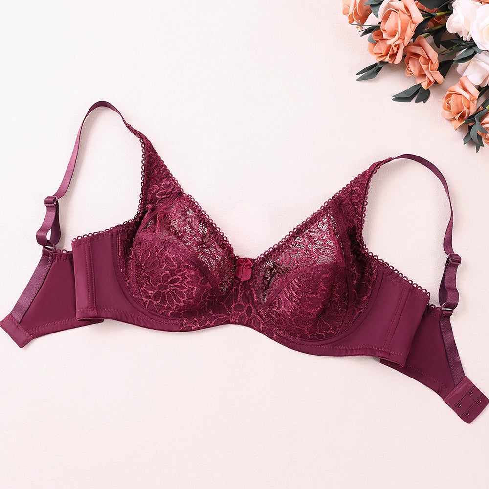 Sexy Womens Bras Ultra-Thin Perspective Deep V Lace Sheer Plus Size Bra Female Underwear Lingerie BH Tops D E F Cup
