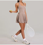Summer Sleeveless Halter Slim Tennis Dress Women Sexy 2-in-1 Hollow Backless Golf Sports Dresses Outdoor Running Fitness Skirt