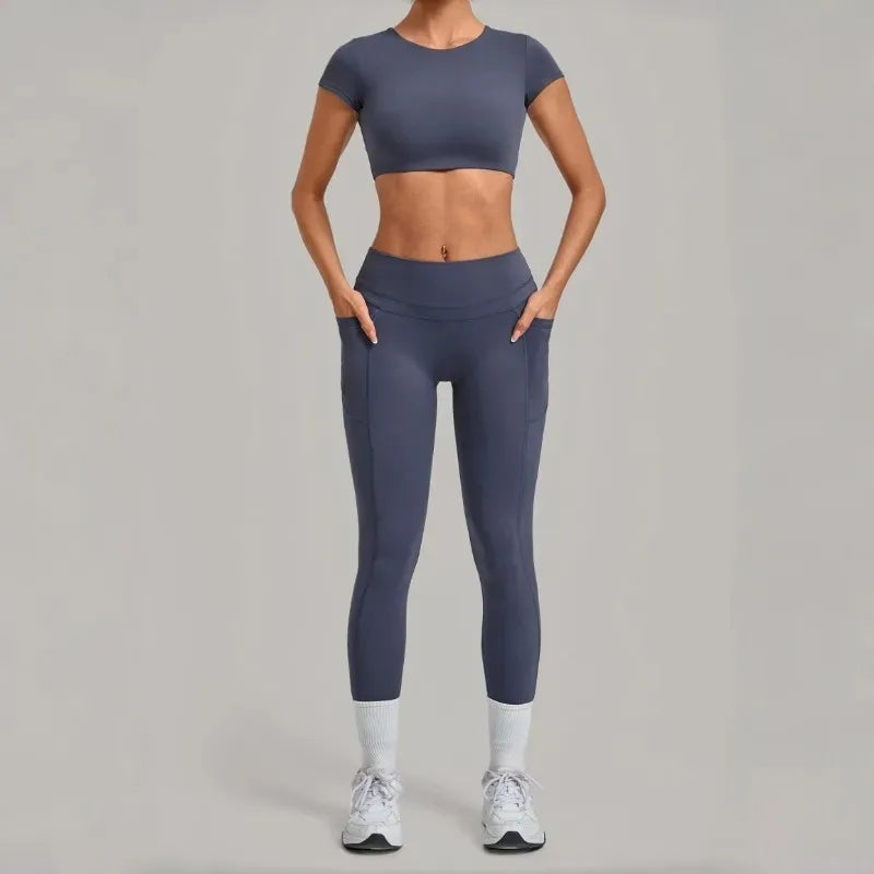 Women's Seamless Yoga Sets Sports Running High Waist Hip-lifting Pants Backless Short-sleeve Suits Workout Fitness Leggings Sets