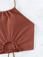 Sexy Ring Linked Pleate Bikini Set Women Brown Cut Out Push Up Two Piece Swimsuit 2024 Bathing Suit High Waist Panties Swimwear