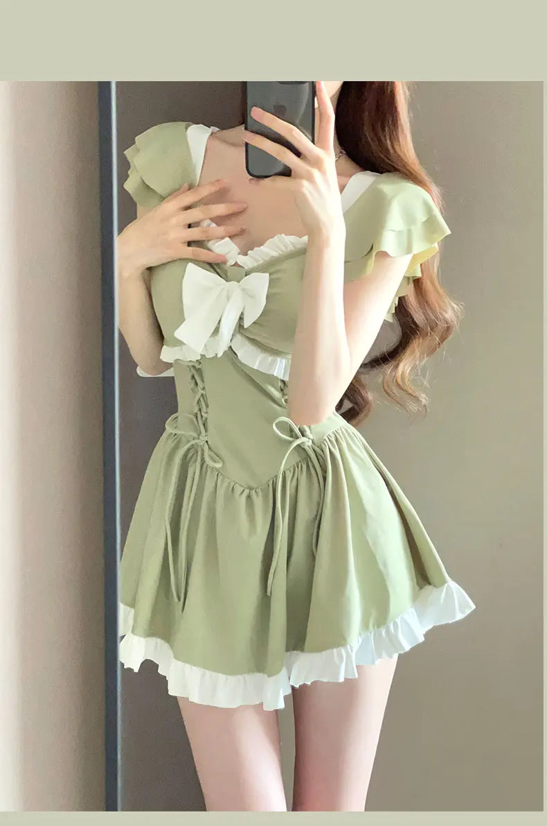 Korea Style One Piece Swimsuit with Skirt Monokini 2024 Women Front Bow Push Up Pleate Tummy Control Beach Bathing Suit Swimwear
